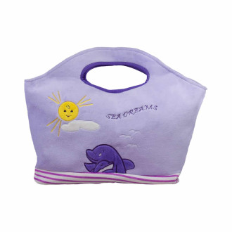 Чанта  за плаж от плюш с апликация делфини - Лилав