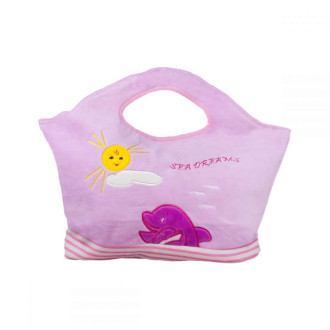 Чанта  за плаж от плюш с апликация делфини - Розов