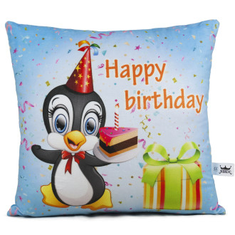 Възглавница /Happy Birthday/ с пингвин и торта
