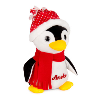 Плюшен пингвин с шапка и шал с Надпис - Червен
