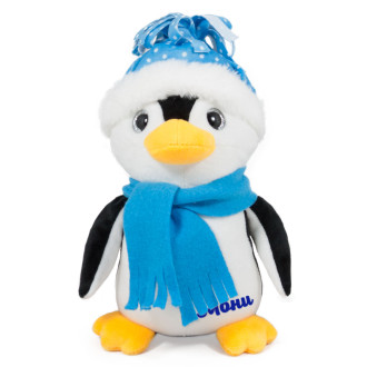 Плюшен пингвин с шапка и шал с Надпис - Син