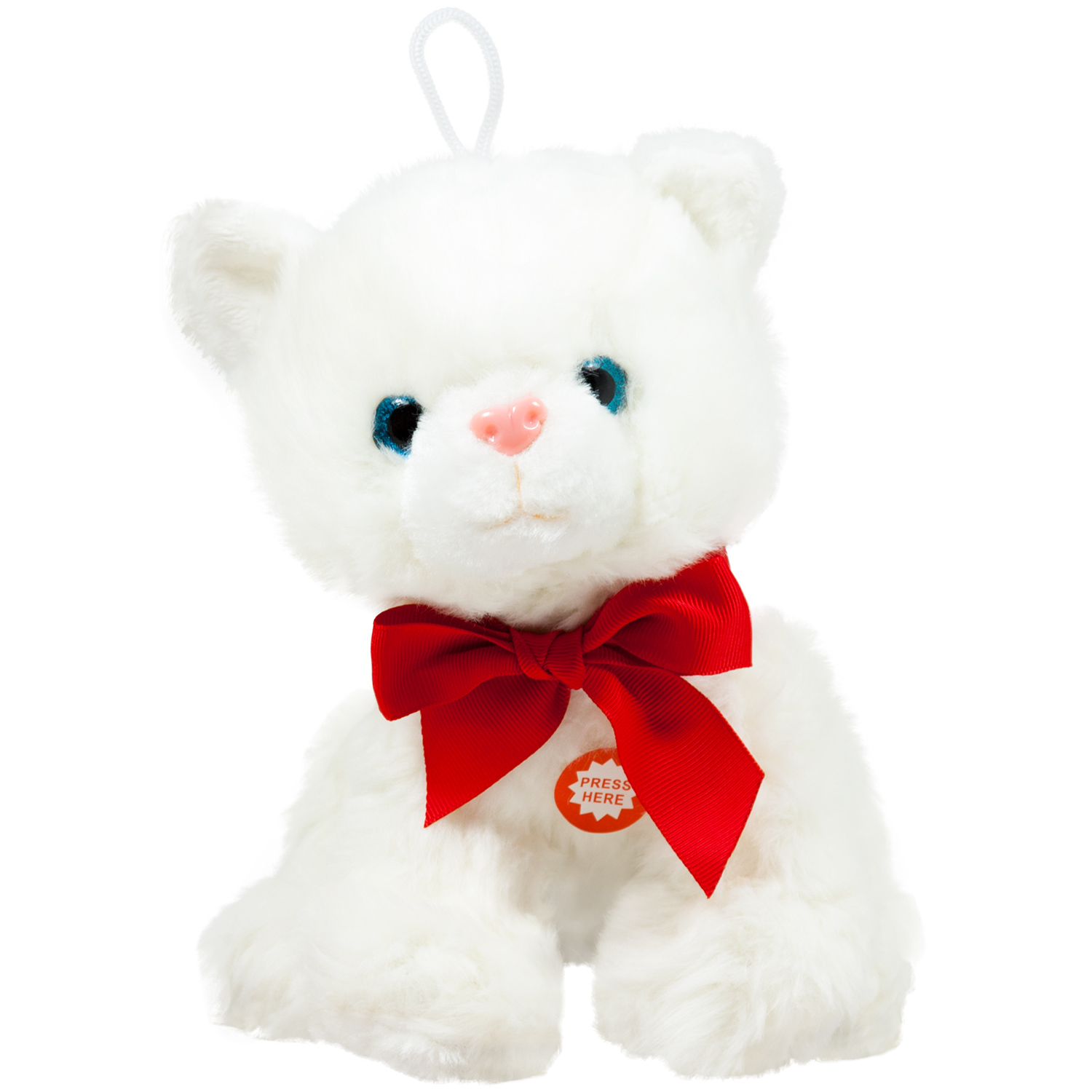 Бяло плюшено котенце с червена панделка със звук